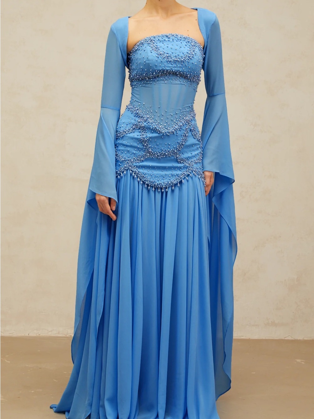 Gaëlle Blue Faux-pearl-embellished Pleated Maxi Dress